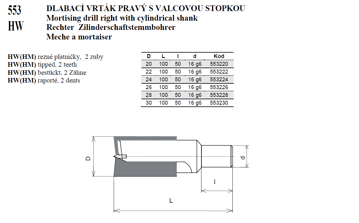 553 HW DLABACÍ VRTÁK PRAVÝ S VALCOVOU STOPKOU