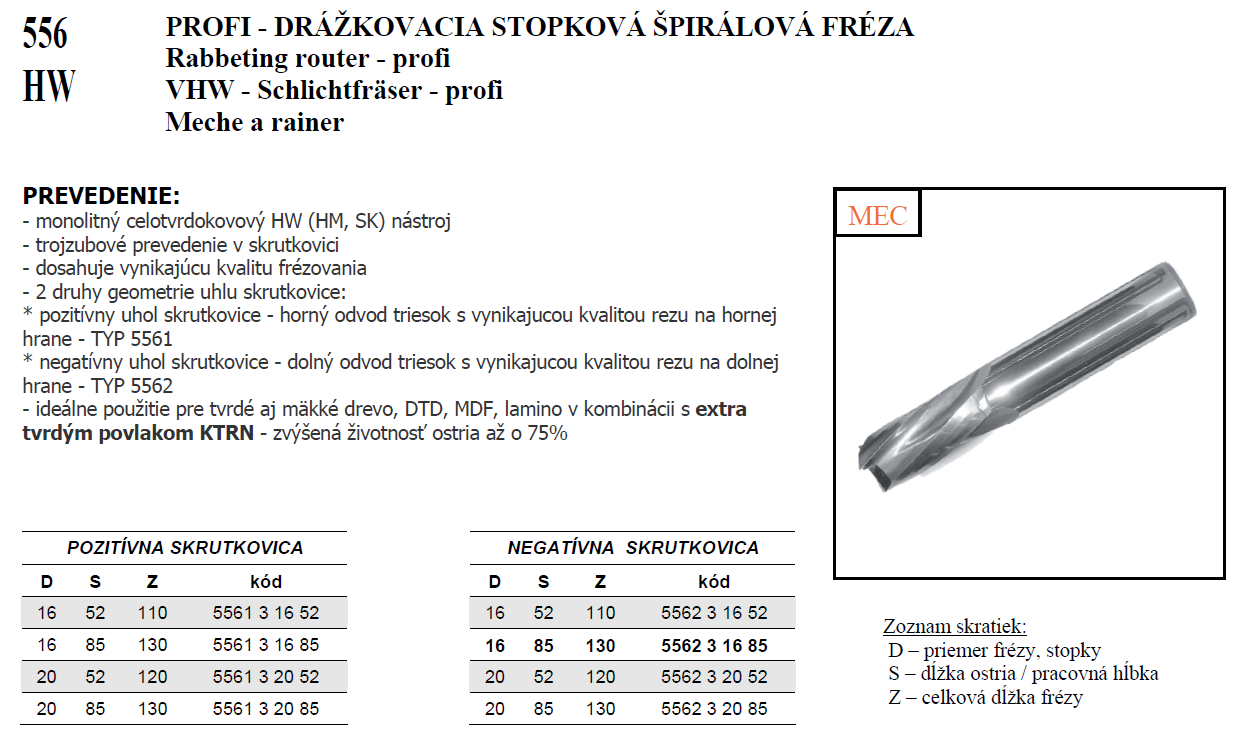 556 HW PROFI - DRÁŽKOVACIA STOPKOVÁ ŠPIRÁLOVÁ FRÉZA