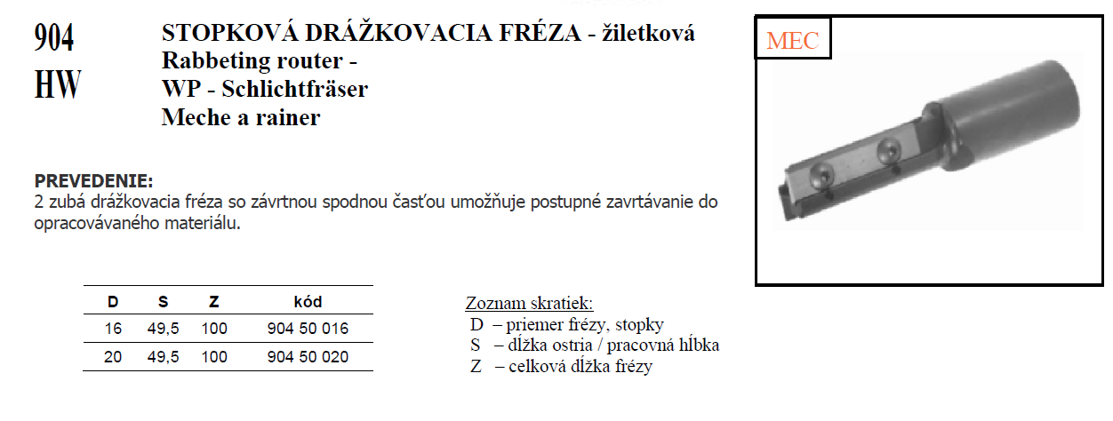 904 HW STOPKOVÁ DRÁŽKOVACIA FRÉZA - žiletková