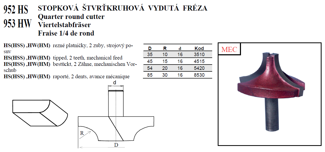 952 HS a 953 HW STOPKOVÁ ŠTVRŤKRUHOVÁ VYDUTÁ FRÉZA