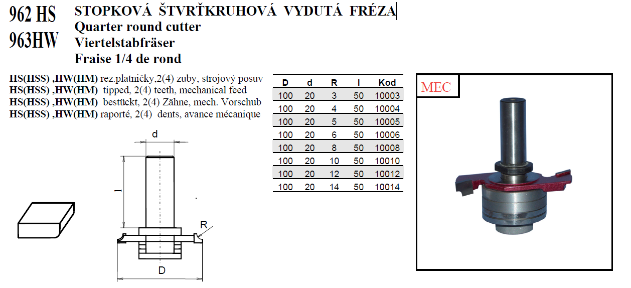 962 HS a 963HW STOPKOVÁ ŠTVRŤKRUHOVÁ VYDUTÁ FRÉZA